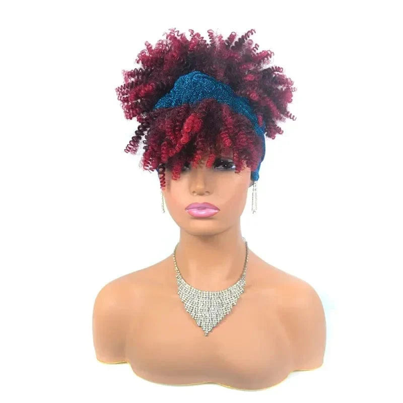 Short Afro Kinky Curly Headband Wig by SHOWLU FASHION STORE, synthetic turban wrap with natural curly afro puff for women.