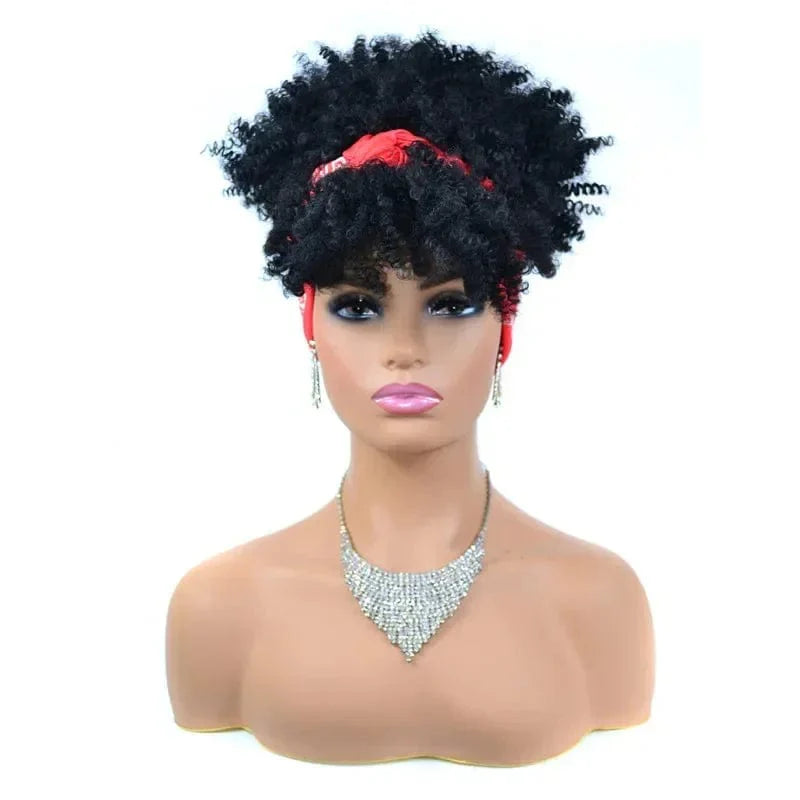 SHOWLU FASHION STORE Manetique short afro kinky curly headband wig with synthetic turban wrap, natural-looking curly hairstyle for women