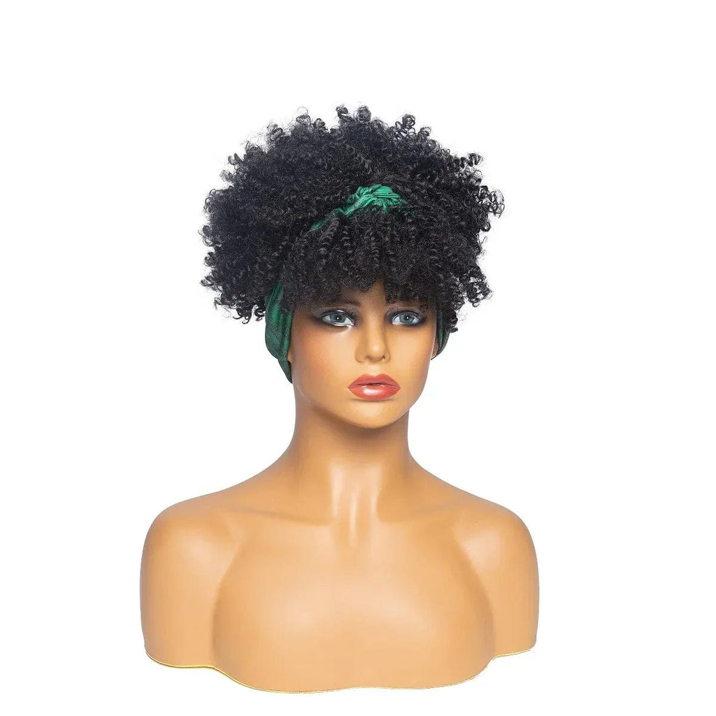 Short afro kinky curly headband wig by Manetique, synthetic turban wrap with natural curl pattern for daily wear or cosplay.