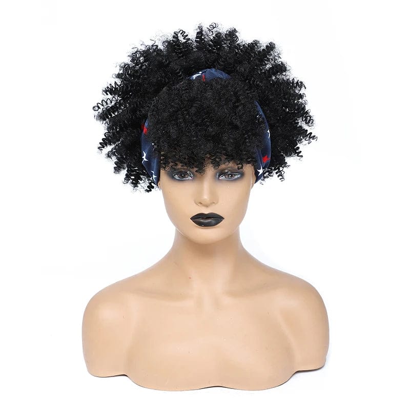 SHOWLU FASHION STORE Manetique short afro kinky curly headband wig with natural synthetic turban wrap for women, daily wear or cosplay