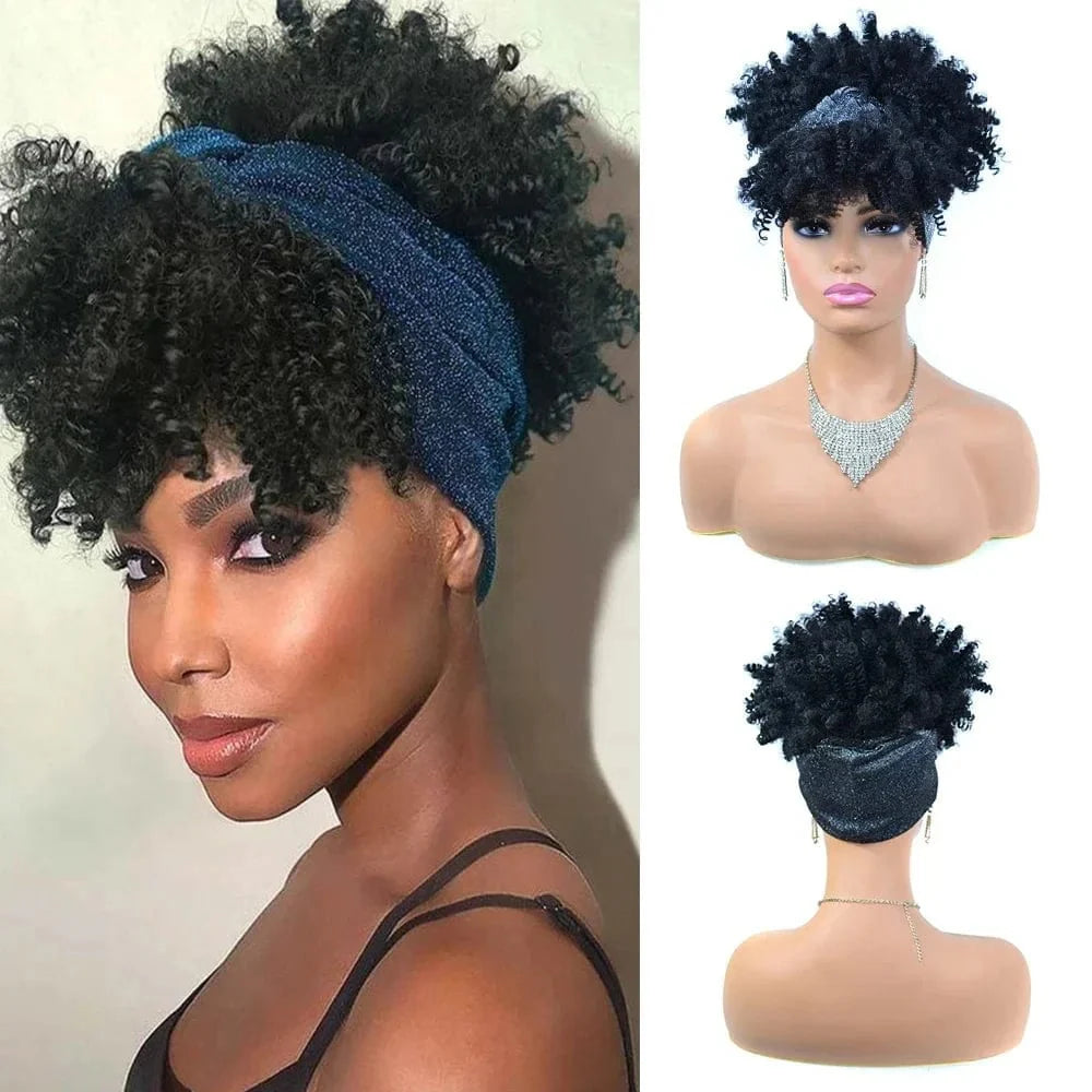 SHOWLU FASHION STORE Manetique short afro kinky curly headband wig with synthetic turban wrap, natural textured curl for daily wear.