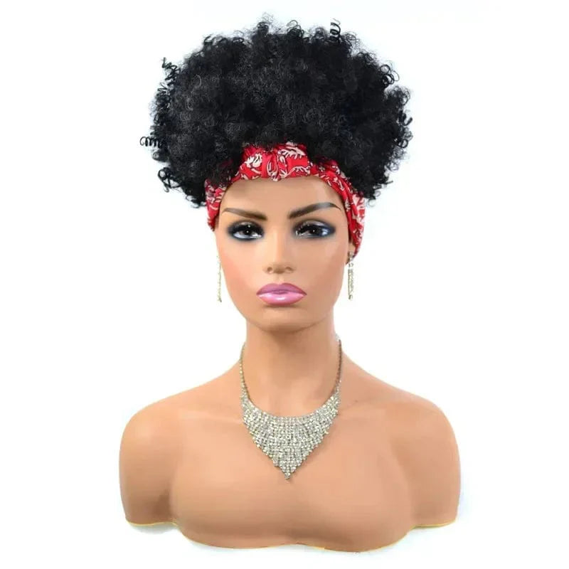 Short Afro Kinky Curly Headband Wig by SHOWLU FASHION STORE, synthetic turban wrap for women with natural, curly afro puff style.