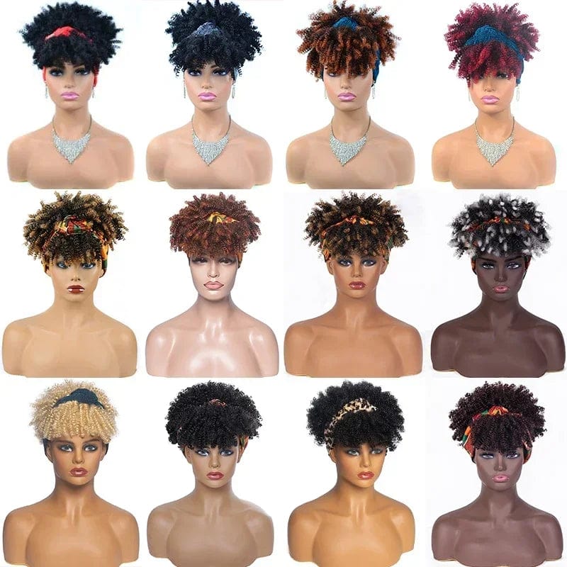 SHOWLU FASHION STORE Manetique Short Afro Kinky Curly Headband Wig with synthetic turban wrap for women, natural and stylish for daily wear.