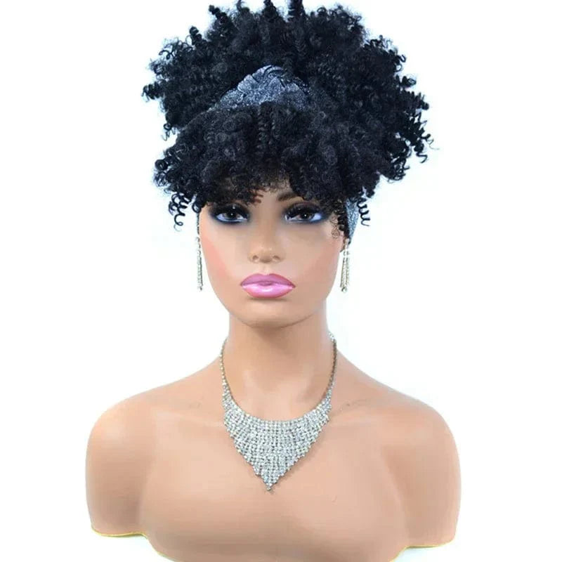 Short afro kinky curly headband wig by SHOWLU FASHION, featuring a synthetic turban wrap and natural afro puff style for women.
