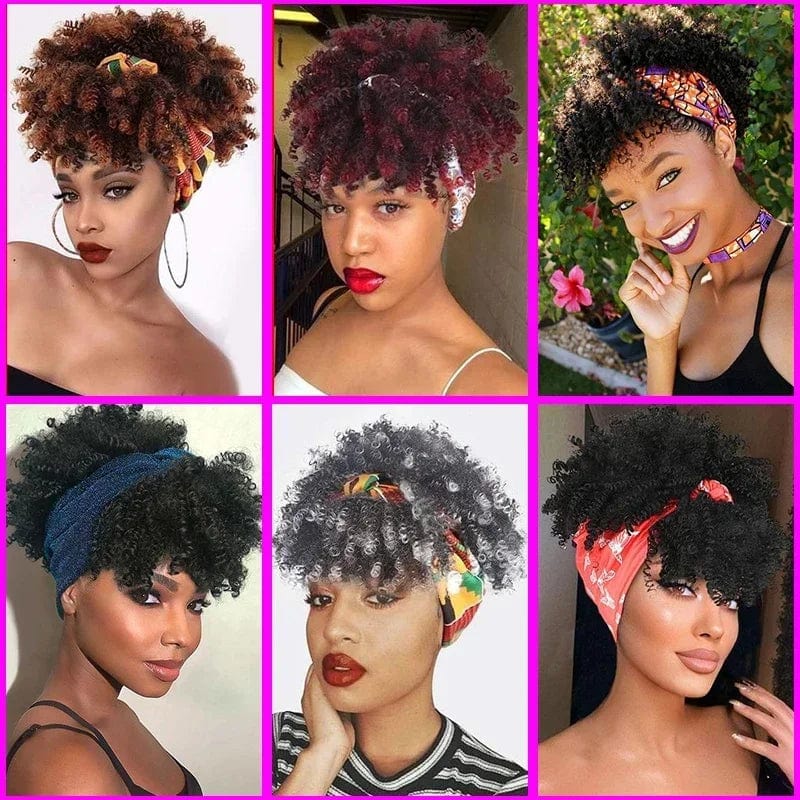 Short Kinky Curly Headband Wigs Afro Puff Curly Headband Wig For Women Natural Synthetic Turban Wrap Wig Cosplay Daily Use - SHOWLU FASHION STORE