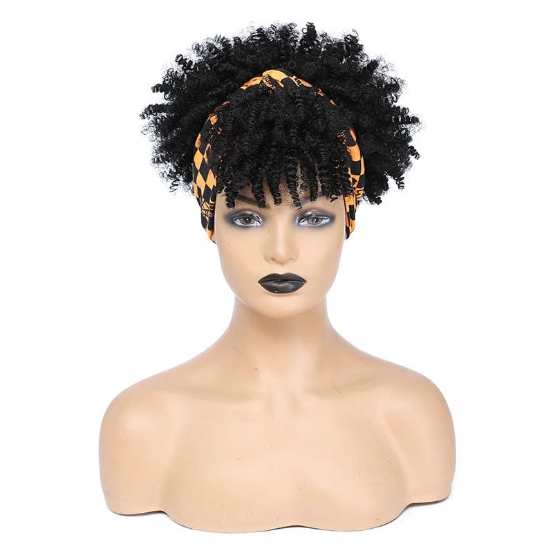 Manetique short afro kinky curly headband wig by SHOWLU FASHION STORE, synthetic turban wrap with natural curly afro puff for women.