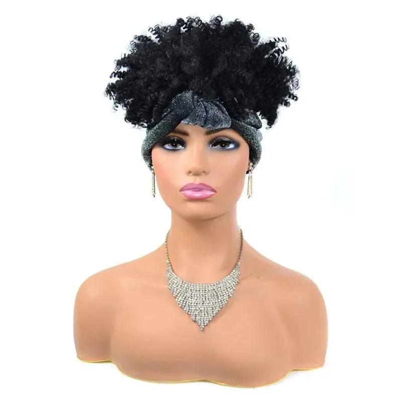 SHOWLU FASHION SHORT Afro Kinky Curly Headband Wig for women, natural synthetic turban wrap with curly afro puff style.