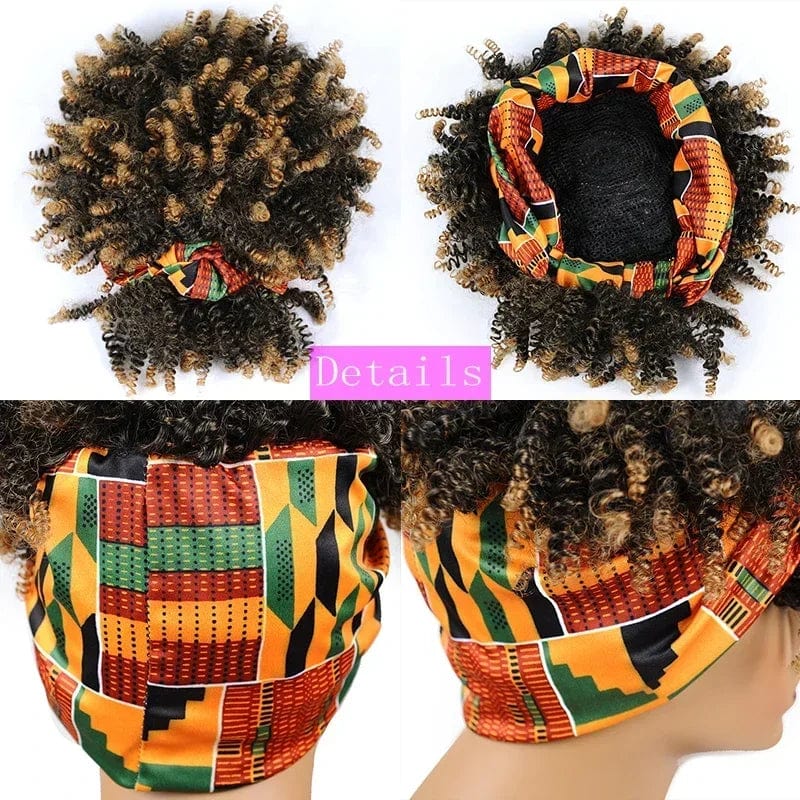 Short Afro Kinky Curly Headband Wig by SHOWLU FASHION STORE, natural synthetic turban wrap with curly afro puff for women.