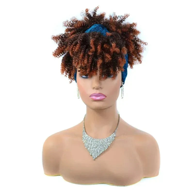 SHOWLU FASHION STORE Manetique Short Afro Kinky Curly Headband Wig with synthetic turban wrap for women, daily wear and cosplay.
