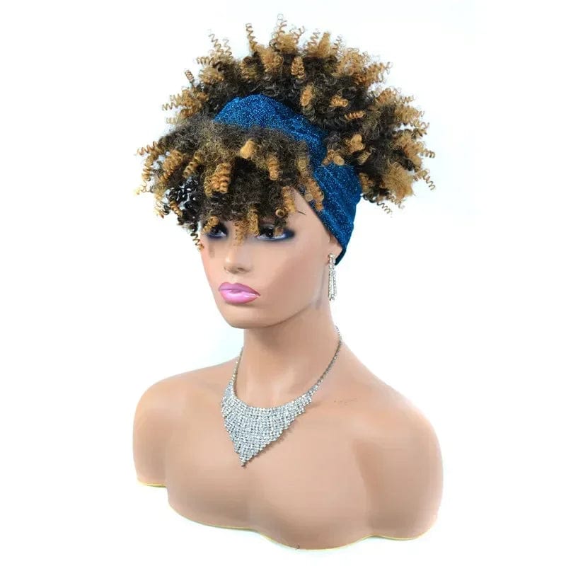 Manetique Short Afro Kinky Curly Headband Wig by SHOWLU FASHION STORE, synthetic turban wrap with natural curly afro puff for women.