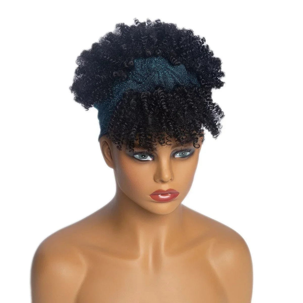 SHOWLU FASHION STORE Manetique short afro kinky curly headband wig with natural synthetic turban wrap for women.