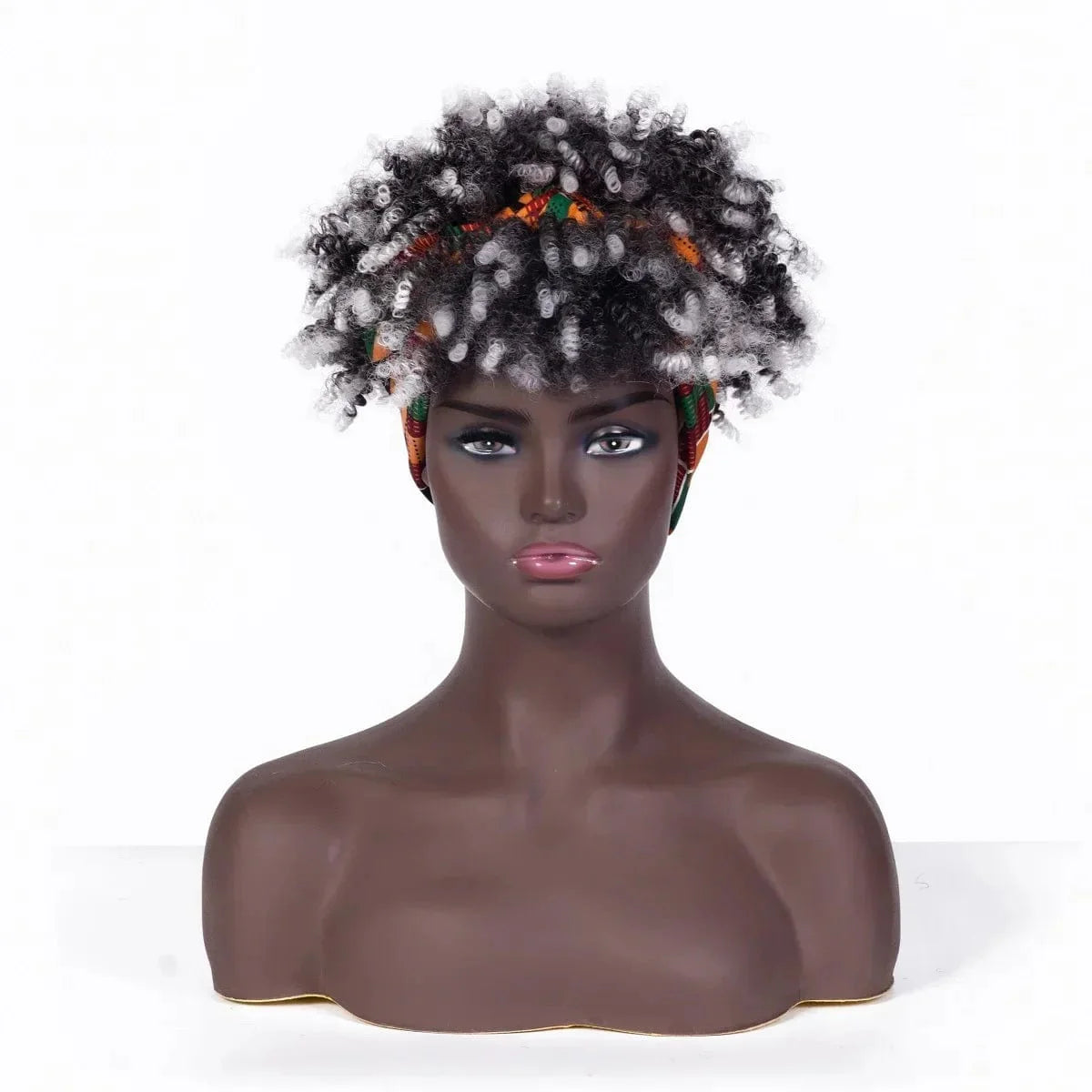 SHOWLU FASHION STORE Manetique short afro kinky curly headband wig with synthetic turban wrap, ideal for daily wear or cosplay.