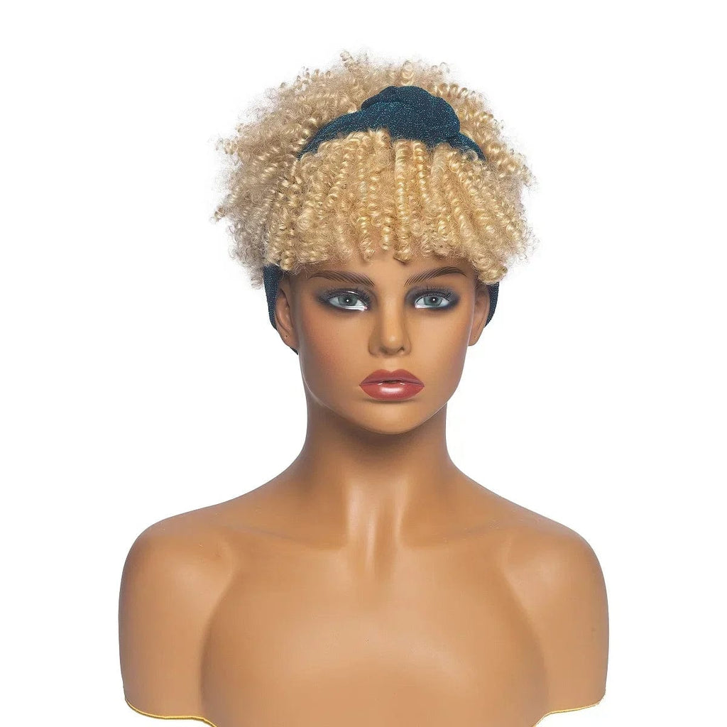 Short afro kinky curly headband wig by SHOWLU FASHION STORE, synthetic turban wrap with natural curls for daily wear or cosplay.