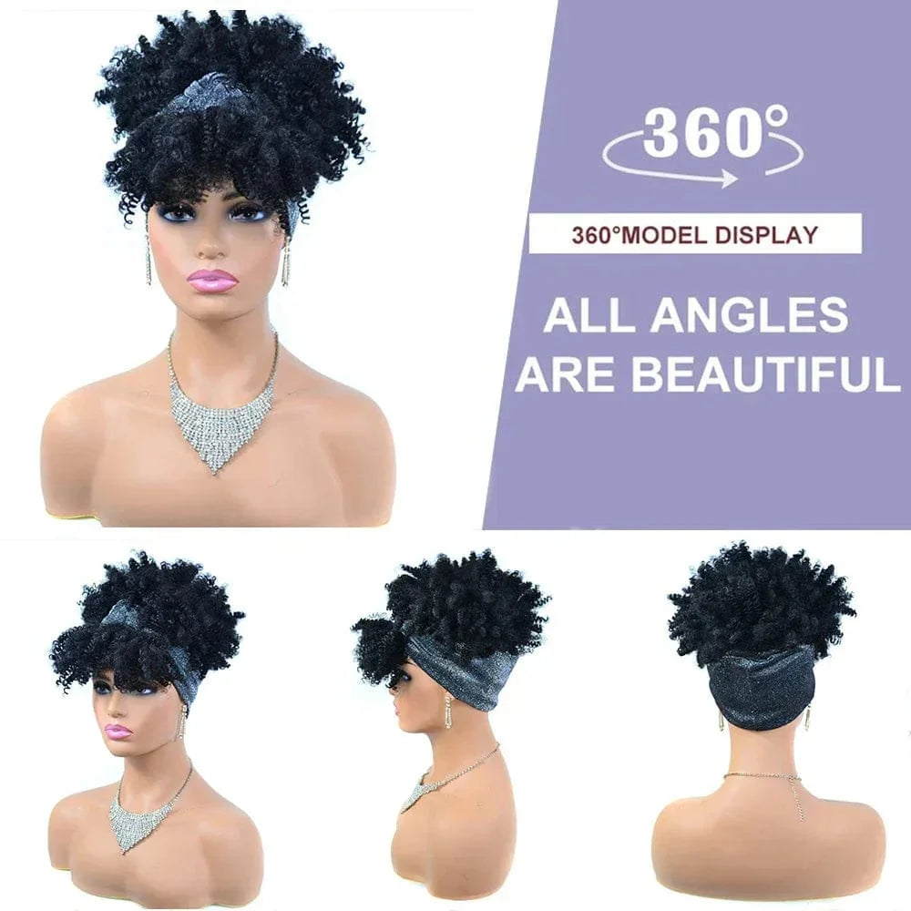 Short Afro Kinky Curly Headband Wig by SHOWLU FASHION STORE, synthetic turban wrap with natural-looking curly afro puff for women.