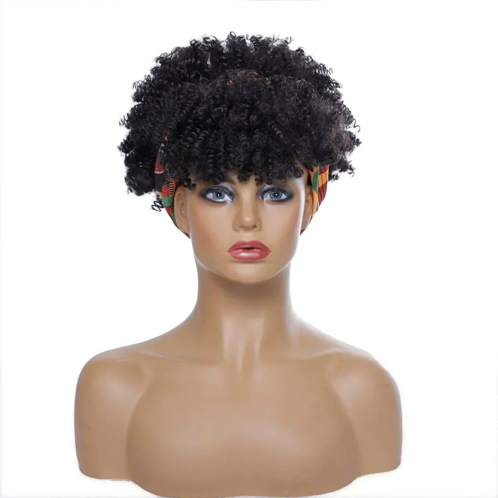 SHOWLU FASHION STORE Manetique Short Afro Kinky Curly Headband Wig with natural synthetic afro puff and turban wrap for women.