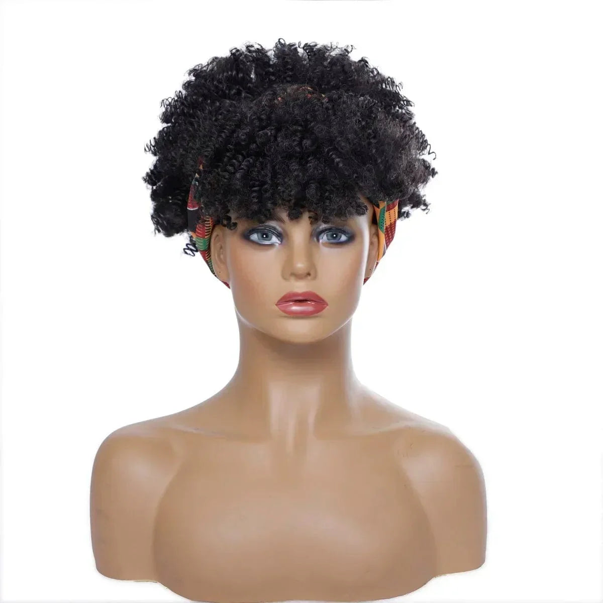 SHOWLU FASHION STORE Manetique Short Afro Kinky Curly Headband Wig with natural synthetic afro puff and turban wrap for women.
