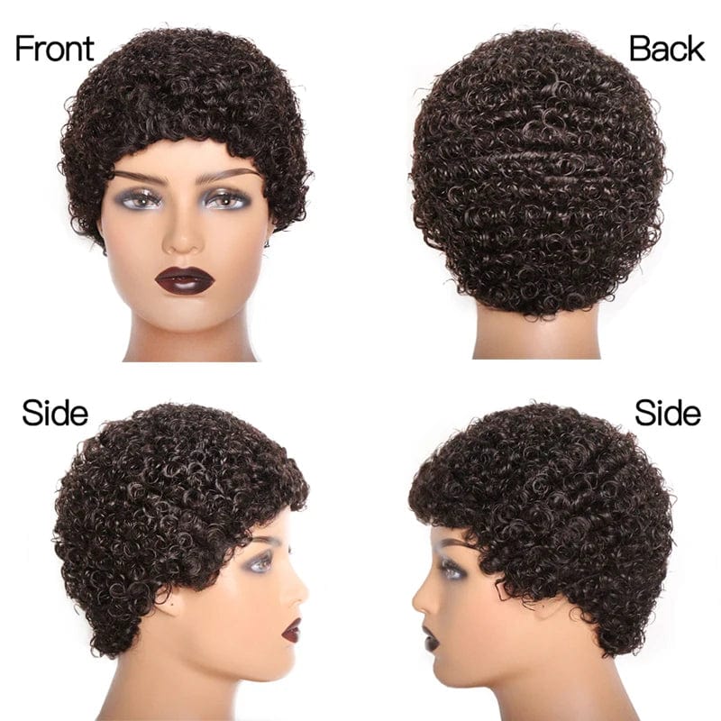 Showlu Fashion Store short pixie cut kinky curly human hair wig in natural black, Brazilian Remy hair, full machine-made style for women.