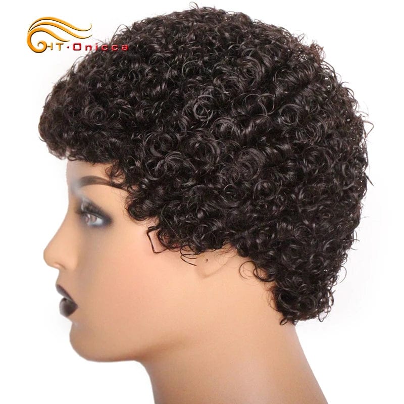 Short kinky curly human hair wig with a pixie cut, Brazilian Remy hair, natural black color, full machine-made style.