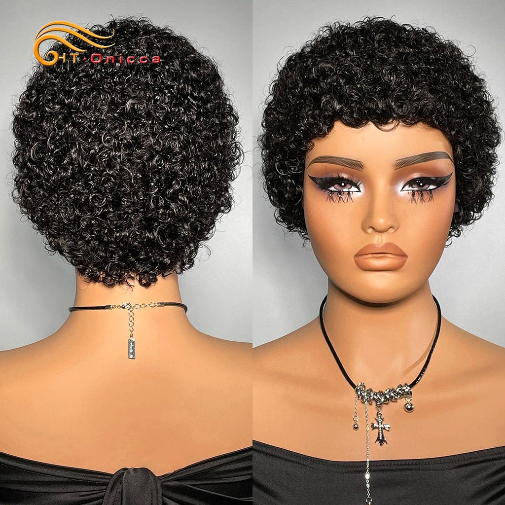SHOWLU FASHION STORE Htonicca Pixie Cut Kinky Curly Human Hair Wig in natural black, short Brazilian Remy human hair for women.