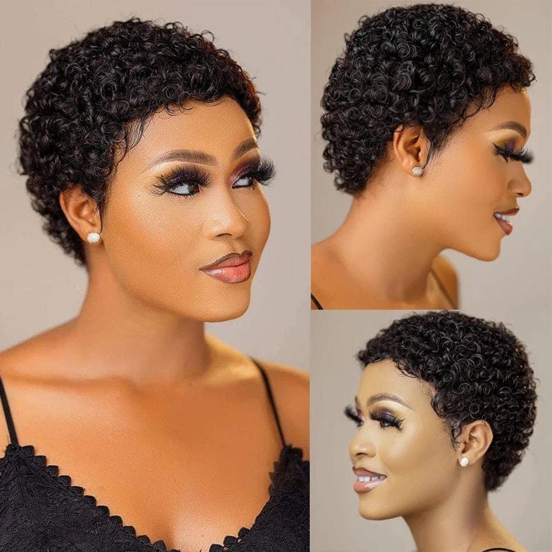 Short black kinky curly human hair wig with pixie cut, Brazilian Remy hair, natural texture, full machine-made style for women.