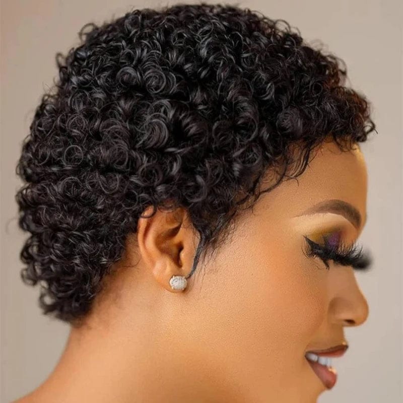 Short kinky curly human hair wig with pixie cut, Brazilian Remy hair, natural black, full machine-made, for women by SHOWLU FASHION STORE.