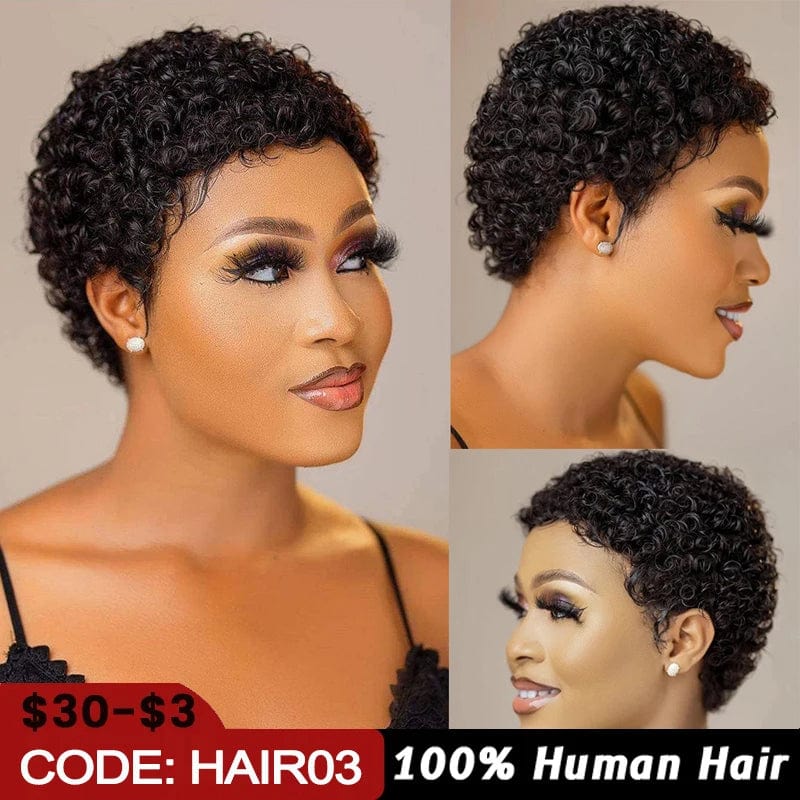 Short kinky curly human hair wig with pixie cut, Brazilian Remy hair, natural black color, full machine-made, for women.