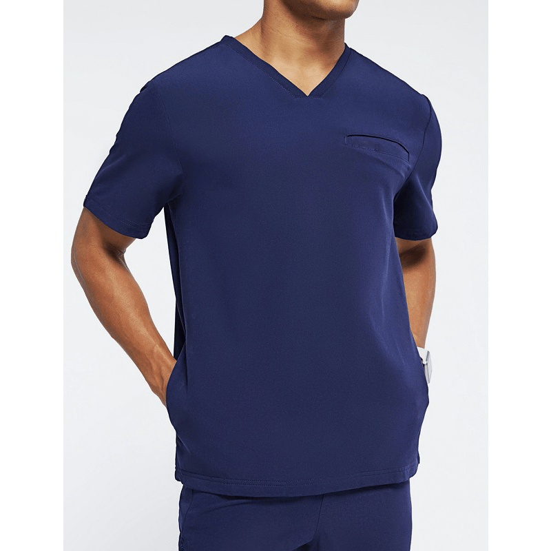 Unisex medical scrub set with short sleeves, stretchy jogger style, suitable for men and women, in a beauty salon or healthcare setting