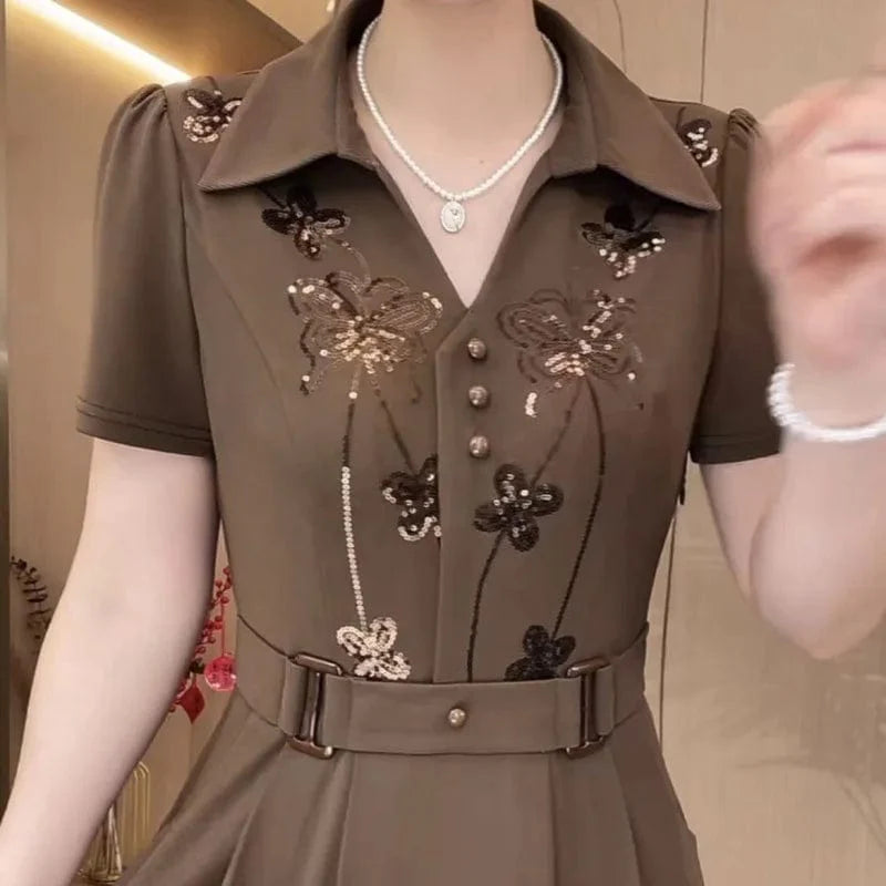 Women's sequined short-sleeved dress from SHOWLU FASHION STORE, summer 2024 slim fit with a loose waist and elegant long skirt.