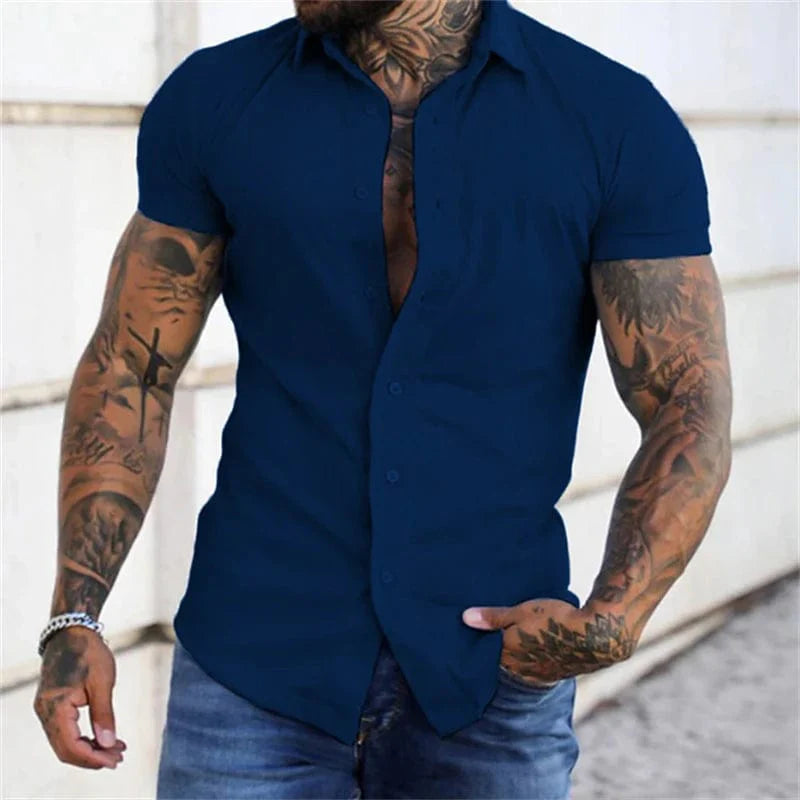 Showlu men's short sleeve no-iron silk dress shirt with lapel, slim fit, solid color, casual and business style, available in multiple sizes