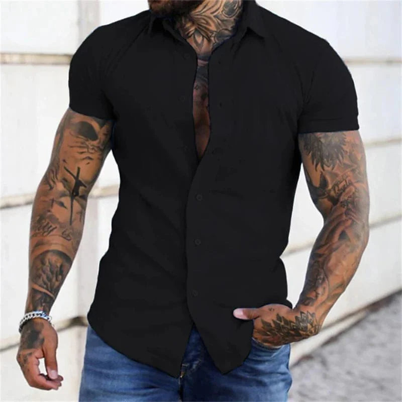 Showlu men's short sleeve dress shirt with lapel, solid color, no-iron, casual business style, available in oversized sizes