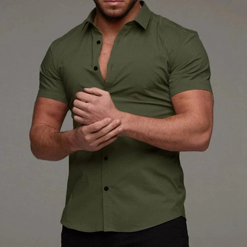 Showlu men's short sleeve dress shirt with lapel, lightweight and no-iron, styled as a casual or business cardigan in solid color.