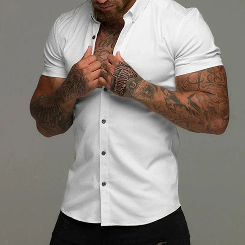 Showlu men's short sleeve dress shirt with lapel, no-iron silk fabric, solid color, casual and business style, oversized fit