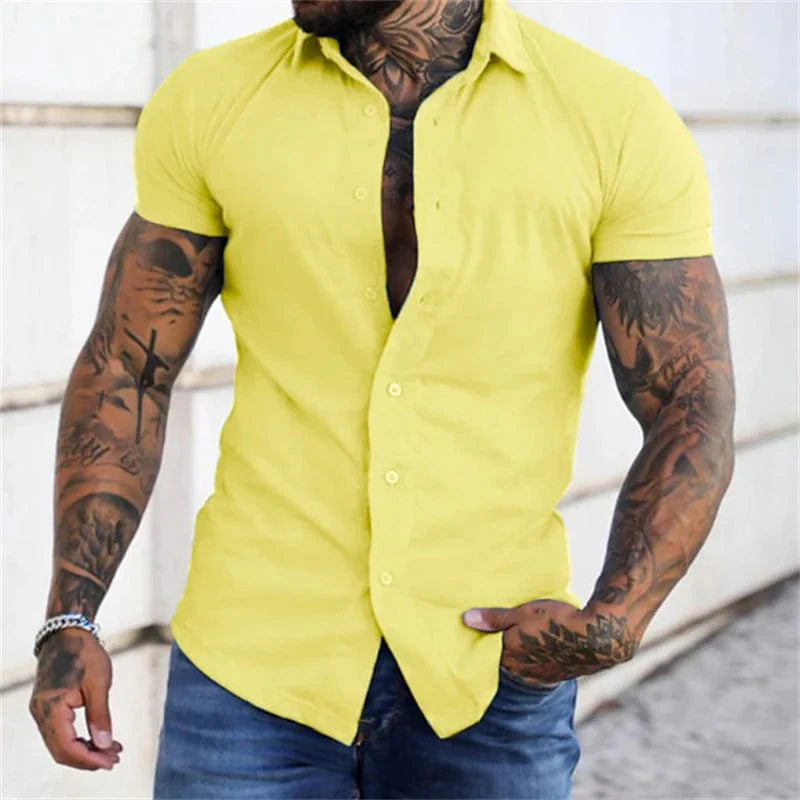 Showlu men's short sleeve dress shirt with lapel, solid color, no-iron silk material, casual and business style, oversized fit