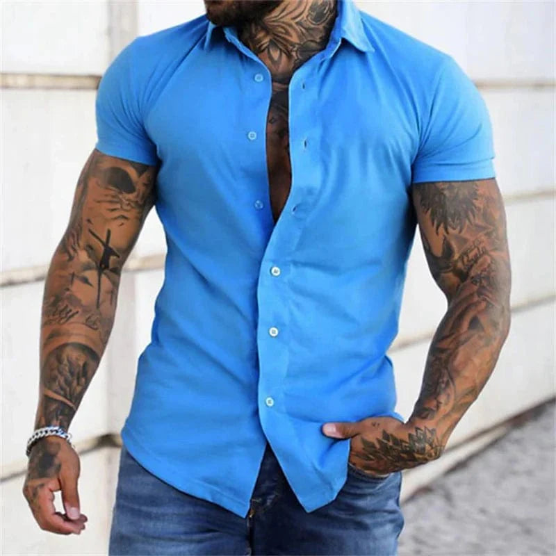 Showlu men's short sleeve dress shirt with lapel, solid color, no-iron silk fabric, casual business style, available in oversized sizes.