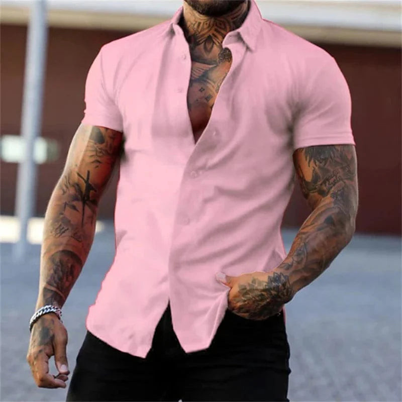 Showlu men's short sleeve silk dress shirt with lapel, solid color, casual business style, no-iron fabric, oversized fit, XS to 4XL