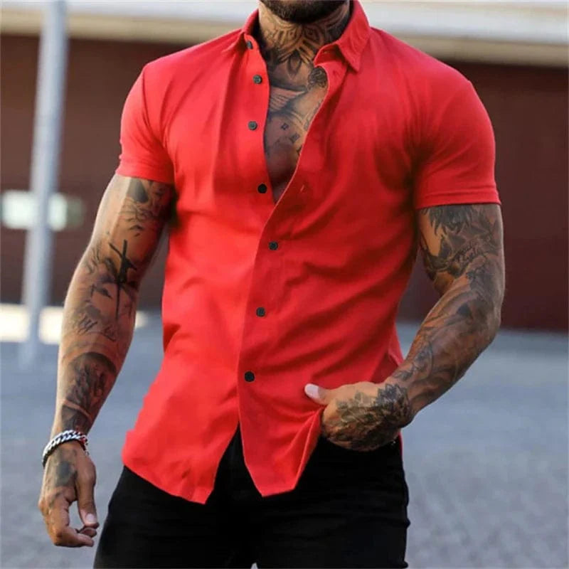 Showlu men's short sleeve dress shirt with lapel, slim fit, solid color, no-iron silk material, casual and business style.