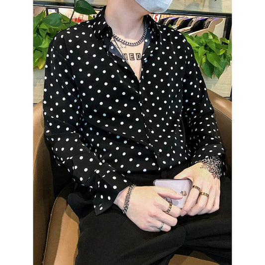 SHOWLU FASHION STORE 白色 七分袖 / 提醒，此款微宽松 Draped Chiffon Casual Long Sleeve Black and White Polka Dot Shirt