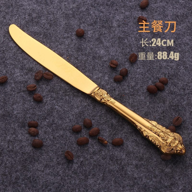 Set of Nordic Relief Golden stainless steel Western tableware with knife, fork, and spoon for household dining.