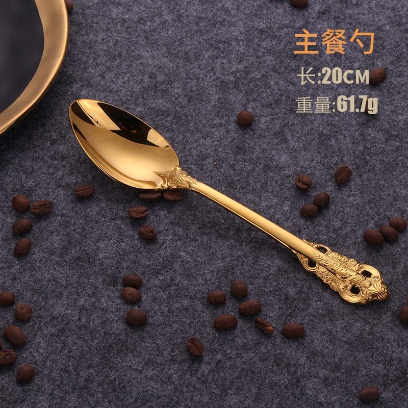 Nordic Relief Golden stainless steel 3-piece Western tableware set with knife, fork, and spoon for household dining.