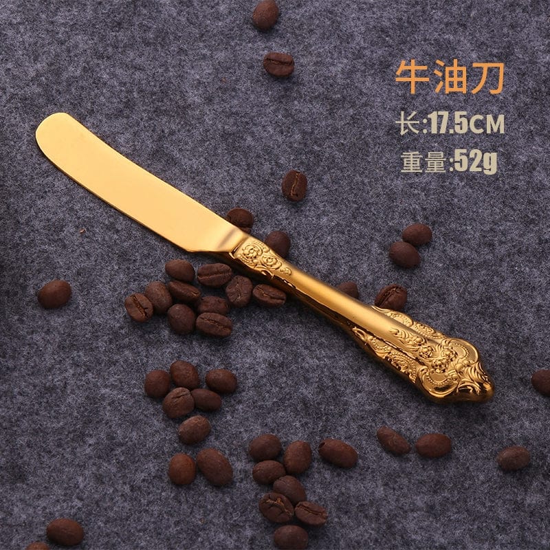 Nordic Relief Golden stainless steel 3-piece Western tableware set with knife, fork, and spoon for household dining.