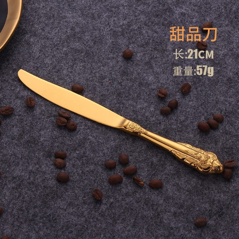 Nordic Relief Golden stainless steel 3-piece Western tableware set with knife, fork, and spoon, featuring a sleek modern design.