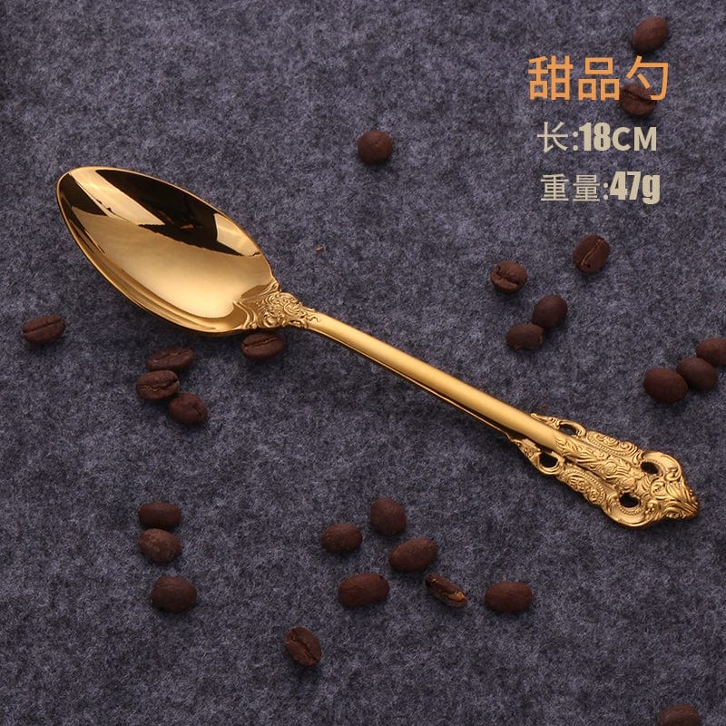 Nordic Relief Golden stainless steel Western tableware set with knife, fork, and spoon for household dining.