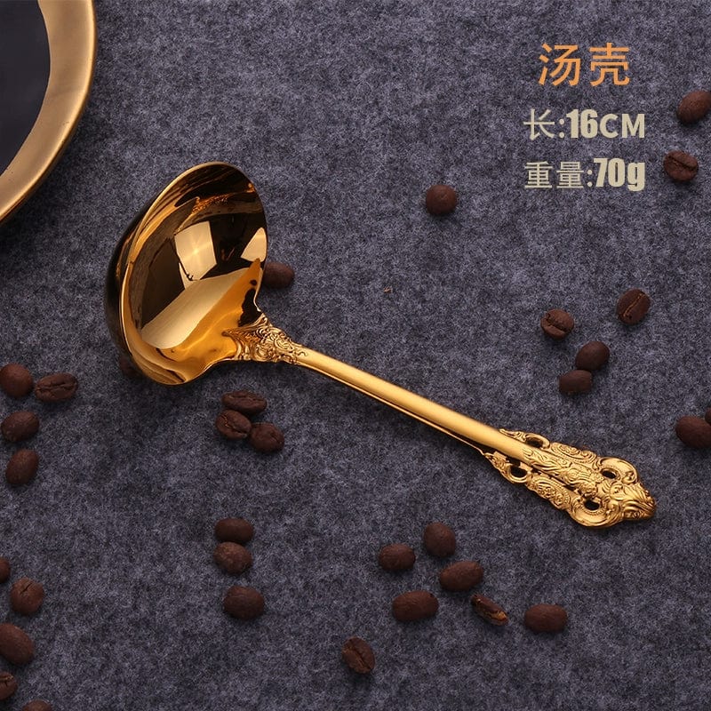Nordic Relief Golden stainless steel Western tableware set with knife, fork, and spoon, featuring a sleek, polished finish.