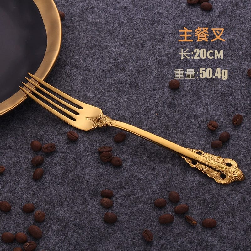 Nordic Relief Golden stainless steel Western tableware set with knife, fork, and spoon for household dining.