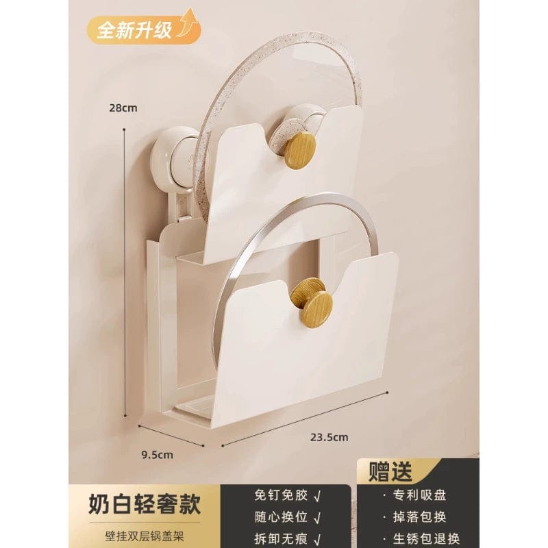 SHOWLU FASHION STORE 壁挂双层锅盖架-赠沥水盘 Taili Sucker Wall Hanging Storage Fantastic Seasoning Product