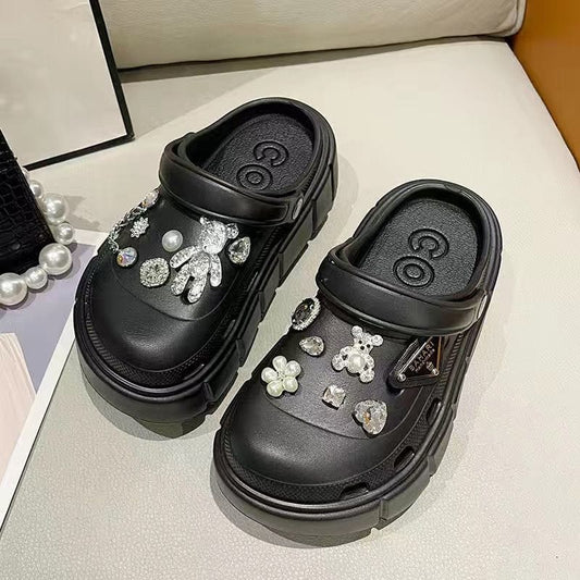 Showlu Fashion Store 0 02-black / 36-37(foot 230mm) Fashion Charms Sandals 2023 New Clog Shoes Outdoor Women Slippers Thick Sole High Quality Summer Sandals For Girls