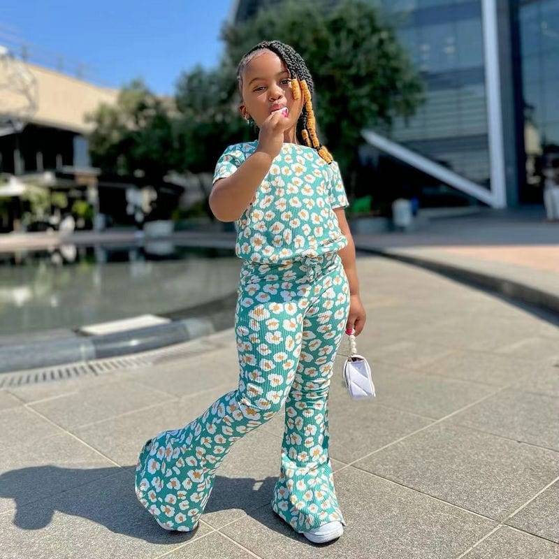 Showlu Fashion Store 0 1-8Years Children&#39;s Summer Clothing Suits For Girls Daisy Green Tops Shirt+Flared Pants Leggings Outfits Boutique Kids Clothes