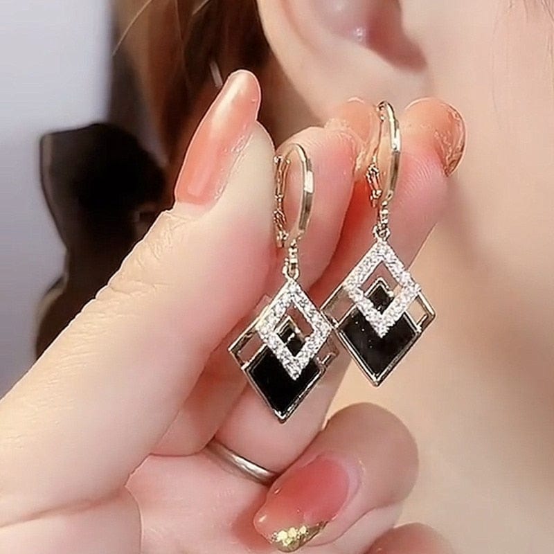 Showlu Fashion Store 0 1 Luxury Trend Black Color Double Layer Earrings For Women Korean Crystal Zircon Geometric Earring Bride Wedding Statement Jewelry