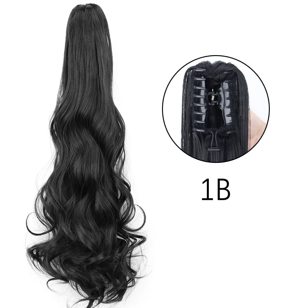 Showlu Fashion Store 0 1B 1 / 24inches-60cm / China Synthetic Long Straight Claw Clip On Ponytail Hair Extensions 24Inch Heat Resistant Pony Tail Hair piece For Women Daily Party