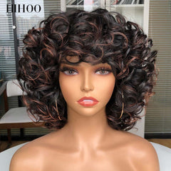 Showlu Fashion Store 0 2-30 / 14inches Short Hair Afro Curly Wig With Bangs For Black Women Cosplay Fluffy  Glueless Mixed Brown Blonde Wigs Natural High Temperat Red